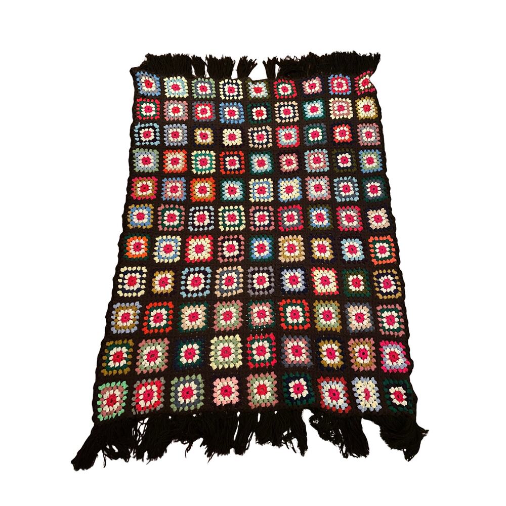 Vintage Handmade Granny Square Brown Rainbow Crochet Knit Acrylic Afghan Blanket